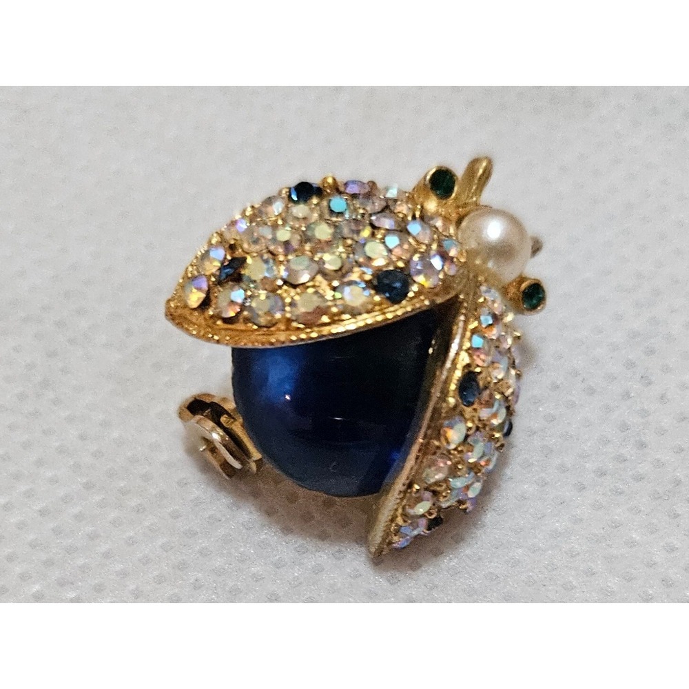 Sparkling Ladybug Brooch Pin Rhinestone Pearl Blue Gemstone Gold Tone - Picture 2 of 16
